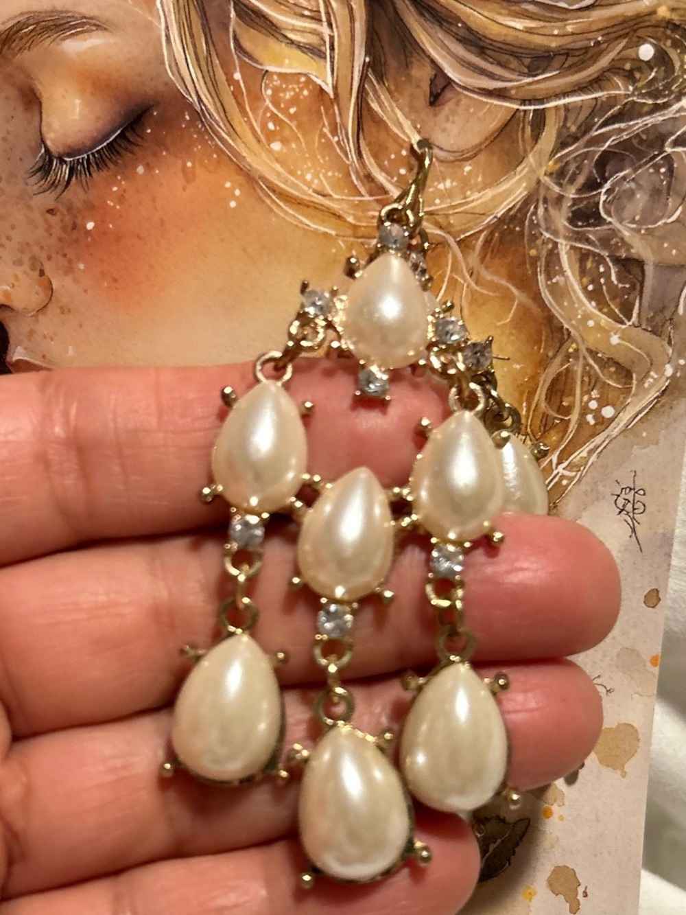 Chandelier Style Faux Pearl Teardrop Earrings - Gold Tone - Picture 2 of 3